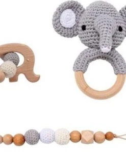 Merkloos Giftset Olifant Bijtring Rammelaar En Speenkoord Hout Gehaakt Knit