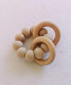 Merkloos Bijtring - Siliconen Kralen - Houten Ring - Crème Wit