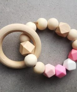 Little May Baby&Kind Baby Bijtring | Pinky | Met Siliconen En Houten Kralen | Speelgoed | Kraamcadeau