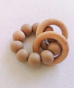 Merkloos Bijtring - Siliconen Kralen - Houten Ring - Taupe