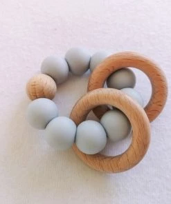 Merkloos Bijtring - Siliconen Kralen - Houten Ring - Blauw