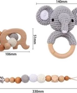 Merkloos Giftset Olifant Bijtring Rammelaar En Speenkoord Hout Gehaakt Knit -grijp-bijtspeelgoed Verkoop 550x418