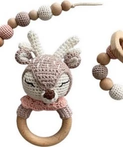 IL BAMBINI Set: Rammelaar, Bijtring & Speenkoord - Hert Voor Meisje - Handgemaakt - Hout & Wol - Babycadeau - Kraamcadeau - Baby Bijtspeelgoed 0-2 Jaar