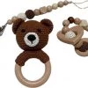 IL BAMBINI Set: Rammelaar, Bijtring & Speenkoord - Bruine Beer - Handgemaakt - Hout & Wol - Babycadeau - Kraamcadeau - Baby Bijtspeelgoed 0-2 Jaar