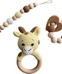 IL BAMBINI Set: Rammelaar, Bijtring & Speenkoord - Gele Giraffe - Handgemaakt - Hout & Wol - Babycadeau - Kraamcadeau - Baby Bijtspeelgoed 0-2 Jaar