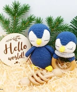 Merkloos Speelgoed Voor De Baby's - Rammelaar - Pinguïn - Grijpring - Blauw/wit