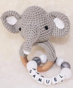 Luppa Rammelaar Olifant - Houten Rammelaar - Bijtspeelgoed - Cadeau - Siliconen - Marmer - Grijs