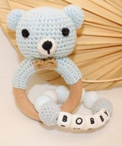 Luppa Rammelaar Beer - Houten Rammelaar - Bijtspeelgoed - Cadeau - Siliconen- Blauw