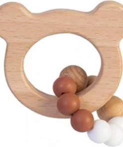 BamBam Eco-vriendelijk Houten Bijtring Beer Met Siliconen Kralen - BPA Vrij - Baby Cadeau