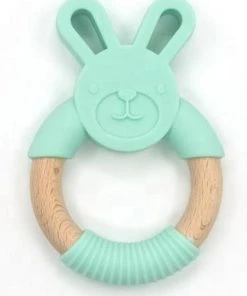 Merkloos Beukenhouten - Bijtfiguur - Bijtspeelgoed - Bijtkonijn - Baby Speelgoed - Silicone - Bijtring - Bijtspeeltje - Mint