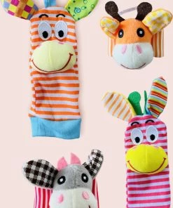 JUMPYTOYS - Babysokken Met Rammelaar & 2 Rammelaars Voor Pols - 4delig - Zebra - Dierlijk Figuurtje - ROOS/ORANJE