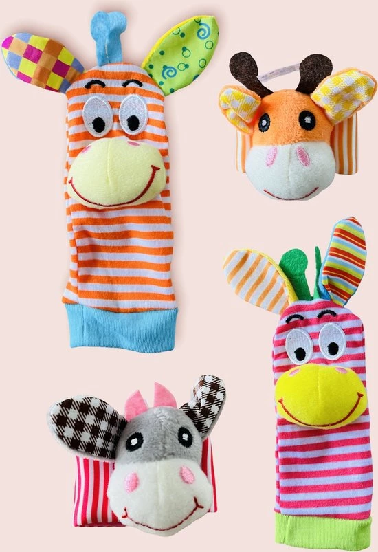 JUMPYTOYS - Babysokken Met Rammelaar & 2 Rammelaars Voor Pols - 4delig - Zebra - Dierlijk Figuurtje - ROOS/ORANJE 1 JUMPYTOYS - Babysokken Met Rammelaar & 2 Rammelaars Voor Pols - 4delig - Zebra - Dierlijk Figuurtje - ROOS/ORANJE
